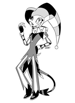 anthro clothed clothing fool's_hat hat headgear headwear male simple_background solo spade_tail tail white_background enaic31 hellaverse helluva_boss fizzarolli_(helluva_boss) demon imp absurd_res hi_res monochrome