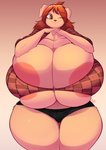 anthro areola big_breasts black_nose breasts brown_eyes brown_hair bulging_breasts cleavage cleavage_overflow clothed clothing female gradient_background hair huge_breasts hyper hyper_breasts looking_at_viewer one_eye_closed simple_background smile solo thick_thighs wide_hips wink jaeh ginger_(jaeh) bird_dog canid canine canis domestic_dog hunting_dog labrador mammal retriever 2020 hi_res signature