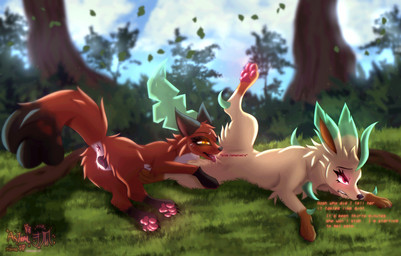 animal_genitalia animal_vulva anus bodily_fluids canine_genitalia canine_vulva cunnilingus drooling duo female female/female feral fur genital_fluids genitals grass humanoid_genitalia humanoid_genitalia_on_feral humanoid_vulva humanoid_vulva_on_feral leaf looking_pleasured lying oral orange_body orange_fur pawpads paws plant red_eyes saliva sex spread_legs spreading text thoughts tree vaginal vaginal_fluids vulva white_body white_fur yellow_eyes astralia nintendo pokemon canid canine eeveelution fox generation_4_pokemon generation_8_pokemon leafeon mammal nickit pokemon_(species) english_text hi_res watermark