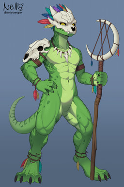 blue_background bone bone_mask feathers green_body lean_body lean_muscle male mask simple_background skull skull_mask solo staff tail yellow_eyes nello_the_tiger terraria witch_doctor_(terraria) lihzahrd lizard reptile scalie 2:3 absurd_res hi_res