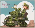 anthro armored_vehicle belt bottomwear brown_hair clothed clothing duo female fur hair hat headgear headwear m8_hmc male military military_uniform smile tank uniform vehicle tyto-alba gumbo_(colo) misha_(colo) canid canine canis domestic_dog mammal digital_media_(artwork)