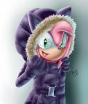 amy_rose anthro black_nose clothing coat eulipotyphlan female fur gloves green_eyes hair handwear happy hedgehog hi_res kty-cat mammal open_mouth pink_body pink_fur pink_hair purple_clothing purple_gloves purple_handwear sega short_hair signature simple_background solo sonic_the_hedgehog_(series) topwear