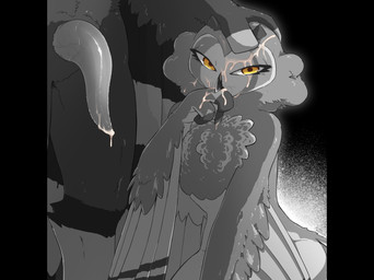 after_sex animal_genitalia anthro anthro_on_anthro beak bedroom_eyes big_penis biped black_background bodily_fluids chest_tuft cum cum_on_body cum_on_face cum_on_hand cum_on_penis duo eyelashes faceless_character faceless_male feathered_wings feathers female female_anthro finger_in_mouth fingers fluffy genital_fluids genitals half-closed_eyes half-erect hand_on_head kneeling larger_male looking_at_viewer male male/female male_anthro narrowed_eyes penis seductive simple_background size_difference smaller_female tail tail_feathers tapering_penis tuft winged_arms wings yellow_eyes rozalid flammeusia nebulowl avian bird eared_owl great_grey_owl owl short-eared_owl strix_(genus) true_owl digital_drawing_(artwork) digital_media_(artwork) hi_res monochrome spot_color