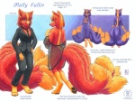 anthro black_nose blue_eyes breasts cleavage clothed clothing featureless_crotch female fur hair markings multi_tail necktie orange_body orange_fur orange_hair orange_markings purple_body purple_fur simple_background solo tail text translucent translucent_clothing white_background kacey molly_fullin canid canine dreamspinner fox mammal 2011 english_text model_sheet