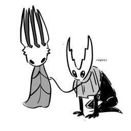2_horns 7_horns all_fours ambiguous/ambiguous ambiguous_gender anthro black_body black_eyes bottomless bottomless_anthro cloak clothed clothed_anthro clothing collar duo grey_cloak grey_clothing grey_robe holding_leash holding_object horn kneeling larger_sub leash leashed_collar multi_horn robe size_difference sparkles sparkling_eyes standing submissive text white_head mm17042 hollow_knight_(franchise) team_cherry hollow_knight_(character) pale_king_(hollow_knight) pure_vessel_(hollow_knight) arthropod insect vessel_(species) 1:1 2026 digital_media_(artwork) flat_colors hi_res korean_text monochrome sketch translated father_(lore) father_and_child_(lore) incest_(lore) male_(lore) nonbinary_(lore) parent_(lore) parent_and_child_(lore)
