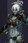 armor convincing_weapon dual_wielding female hair holding_object holding_weapon not_furry red_eyes solo standing unconvincing_armor weapon white_hair unknown_artist lineage_(series) dark_elf_(lineage) dark_elf drow elf humanoid