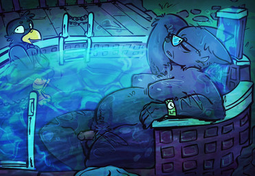 age_difference anthro casual_nudity clock duo eyewear genitals glasses male male/male mature_male moobs overweight penis small_penis swimming_pool taped_on_glasses watch salamikii night_in_the_woods germ_warfare_(nitw) stan_borowski avian bird domestic_cat felid feline felis mammal hi_res