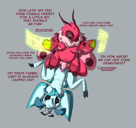 ambiguous_gender anthro arms_tied big_breasts big_penis bound breasts dialogue duo female genitals knot knotted_penis penetration penis sex simple_background slider_(control) spread_legs spreading text vaginal vaginal_penetration hhbrother arthropod insect lepidopteran moth english_text hi_res sketch