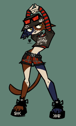 :3 anthro black_clothing blue_body blue_fur bottomwear clothing collar ears_down eyelashes eyeshadow eyewear female female_anthro footwear fur hands_above_head hat headgear headwear makeup midriff multicolored_body multicolored_fur nails narrowed_eyes open_mouth open_smile orange_body orange_fur pattern_clothing pink_nose pivoted_ears print_clothing print_shirt print_t-shirt print_topwear raised_arms red_clothing sharp_nails shirt shorts slim_anthro slim_female smile solo spiked_collar spikes stretching striped_clothing striped_sleeves stripes sunglasses t-shirt tail toeless_footwear topwear white_body white_fur yellow_eyes alexzee7 epic_games fortnite meow_skulls calico_cat domestic_cat felid feline felis mammal 2026 absurd_res digital_drawing_(artwork) digital_media_(artwork) full-length_portrait hi_res portrait