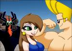 angry beach beard big_breasts blonde_hair breasts brown_hair cleavage clothed clothing eyebrows eyelashes eyeshadow eyewear facial_hair female flirting group hair makeup male muscular not_furry outside seaside summer sunglasses swimwear verona7881 cartoon_network johnny_bravo_(series) samurai_jack aku johnny_bravo demon human mammal 2012