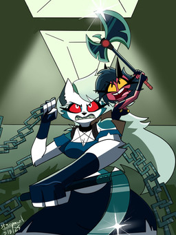 action_pose anthro axe backpack battle_axe black_hair bladed_weapon breasts ceiling ceiling_lamp chain cleavage clenched_teeth clothed clothed_anthro clothed_female clothed_humanoid clothing collar duo female fingerless_gloves fur gloves grey_body grey_fur grey_hair hair handwear holding_axe holding_object holding_weapon horn inside lamp long_hair low-angle_view notched_ear open_mouth pose pupils red_body red_sclera red_skin shadow slit_pupils teeth tooth_gap weapon white_body white_eyes white_fur yellow_sclera starpaintart hellaverse helluva_boss mythology loona_(helluva_boss) millie_(helluva_boss) canid canid_demon canine demon hellhound humanoid imp mammal mythological_canine mythological_creature 2025 3:4 absurd_res hi_res
