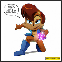 action_pose anthro auburn_hair blue_eyes boots boots_only bottomless breasts chaos_emerald clothed clothing dialogue facial_tuft female footwear footwear_only gem hair mostly_nude pointy_ears pose prick_ears shoes small_breasts smile solo topwear topwear_only tuft vest vest_only theoriginalmistajonz sega sonic_the_hedgehog_(satam) sonic_the_hedgehog_(series) sally_acorn chipmunk ground_squirrel mammal rodent sciurid 1:1 2025 hi_res