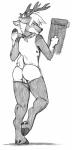 anthro antlers bottomwear bulge butt clothing horn kerchief looking_at_viewer male paint shorts solo denzeltip mason_(cider_barrel) deer mammal absurd_res hi_res monochrome