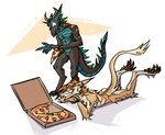 anthro claws container duo food horn humor lying male on_front pawpads pizza pizza_box standing tail tail_tuft tuft sleepymuzzle mythology dragon mythological_creature mythological_scalie scalie sergal wingless_dragon hi_res