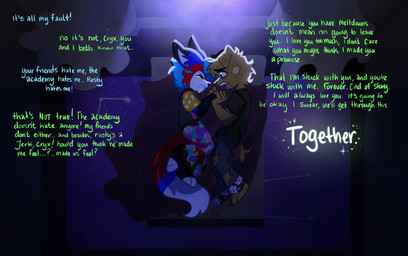 anthro bed black_body black_fur blue_body blue_fur bodily_fluids brown_body brown_fur clothed clothing constellation couples curtains_open duo emotional eyes_closed fully_clothed fur furniture hand_holding healing light lying lying_on_bed male moonlight on_bed on_side red_body red_fur star supported_arm supporting_partner talking_to_another talking_to_partner tears text unknown_artist zoophobia cryx_the_fox jack_(zoophobia) canid canine fox jackle mammal english_text hi_res