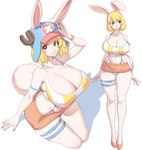 anthro big_breasts biped blonde_hair blush bottomwear breasts cleavage clothed clothing female fluffy fluffy_tail fur hair hat headgear headwear huge_breasts humanoid_hands legband microskirt midriff miniskirt navel panties panty_peek shadow short_hair simple_background skindentation skirt solo standing tail thick_thighs thighband underwear white_background white_body white_clothing white_fur white_panties white_underwear cervina7_(artist) one_piece carrot_(one_piece) lagomorph leporid mammal rabbit absurd_res hi_res