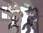 anthro clothed clothing duo eyewear fake_ears fake_rabbit_ears featureless_crotch goggles gun harness male ranged_weapon shotgun skimpy standing submachine_gun weapon br_eaduck canid canine canis mammal wolf hi_res