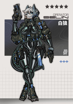 anthro black_bodysuit black_clothing black_latex black_skinsuit blue_eyes bodysuit breasts clothed clothed_anthro clothed_female clothing female footwear fur gun hair handgun jacket latex latex_bodysuit latex_clothing latex_skinsuit leg_pouch looking_at_viewer nipple_outline pistol ranged_weapon shoes skinsuit solo tactical_gear tight_clothing topwear trigger_discipline weapon white_body white_fur white_hair wide_hips jooshy selin_malianis canid canine canis mammal wolf 2026 absurd_res hi_res
