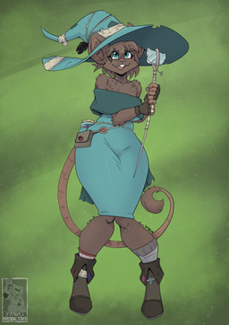 anthro boots buckteeth clothed clothed_anthro clothed_female clothing dress female footwear green_clothing green_dress green_eyes hat headgear headwear holding_object holding_staff magic_user shoes solo staff tail teeth wide_hips witch witch_hat yawg frankie_(kodiakmight) mammal mouse murid murine rodent 2025 hi_res
