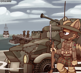 anthro armored_vehicle bayonet beach boat bottomwear brown_body brown_fur clothing docks dockyard fishing_boat floppy_ears fur gun holding_gun holding_object holding_ranged_weapon holding_weapon kilt knife male military military_clothing military_gear military_helmet military_uniform outside pattern_clothing plaid plaid_clothing ranged_weapon royal_army sea ship solo_focus uniform united_kingdom vehicle water watercraft weapon world_war_2 mocho4266 lee-enfield ryan_(dokapi) canid canine canis domestic_dog german_shepherd herding_dog lagomorph leporid mammal pastoral_dog rabbit rodent absurd_res english_description hi_res
