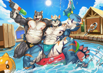 1_horn 4_toes abs anthro arm_around_back black_clothing black_speedo black_swimwear blue_body blue_clothing blue_eyes blue_fur blue_sky blue_speedo blue_swimwear claws clothed clothing cloud duo eye_scar facial_scar feet finger_claws foot_in_water fur grey_body grey_fur hair hindpaw holding_object holding_toy holding_toy_gun holding_water_gun horn looking_at_viewer male male/male multicolored_body multicolored_fur musclegut muscular muscular_anthro muscular_male muscular_thighs navel nipples obliques one_eye_closed open_mouth orange_stripes outside pawpads paws pecs pink_pawpads plant pool pool_float purple_stripes scar shrub sky smile speedo speedo_only stripes summer sun swimwear toe_claws toes topless toy toy_gun vein veiny_muscles water_drop water_gun white_body white_fur white_hair wristband yellow_eyes traver009 lugerdius canid canine canis domestic_dog mammal wolf 2024