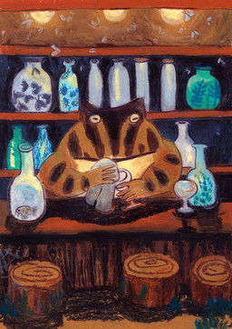 ambiguous_gender anthro bar bartender bottle brown_body cleaning container detailed_background furniture holding_glass holding_object holding_rag horizontal_pupils inside pupils semi-anthro solo stool osier_forest ambient_arthropod ambient_fish ambient_insect ambient_sealife amphibian frog species_request 2023 hi_res