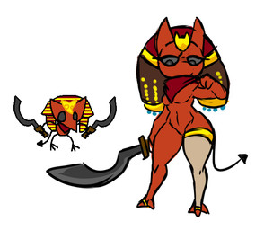 anthro breasts clothing egyptian featureless_breasts featureless_crotch female headpiece kerchief khopesh legwear melee_weapon neckerchief neckwear pharaogue red_body solo sword thick_thighs thigh_highs weapon lecanoscoptical vermin_fight_club imp vermin_(species)