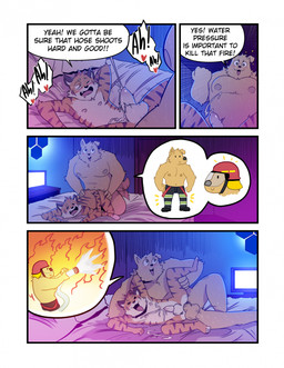4_panel_comic all_fours anal anal_penetration anthro anthro_on_anthro anthro_penetrated anthro_penetrating anthro_penetrating_anthro balls bed blush bodily_fluids clothed clothing cum cum_on_bedding cum_on_belly cum_on_body cum_on_chest cum_string cum_while_penetrated dialogue distracted distracted_sex doggystyle drooling duo ejaculation excited eyes_closed fire firefighter firefighter_uniform fist floppy_ears folded_ears from_behind_position fucked_silly fur furgonomic_headwear furgonomics furniture genital_fluids genitals heart_symbol hose humanoid_genitalia humanoid_penis inside interspecies leg_grab looking_pleasured lying male male/male male_penetrated male_penetrating male_penetrating_male moan motion_lines multiple_positions muscular nipples nude on_bed on_side one_ear_up one_eye_closed one_leg_up orange_body pecs penetration penile penile_penetration penis penis_in_ass raised_leg saliva sex sideway_missionary_position size_difference small_head smaller_penetrated speech_bubble spread_legs spreading striped_body stripes sweat tail tail_motion tailwag talking_during_sex text thrusting topless uniform yellow_body yellow_fur t0l0k i_think_i_like_you ray_(i_think_i_like_you) red_(i_think_i_like_you) bird_dog canid canine canis domestic_dog felid golden_retriever hunting_dog mammal pantherine retriever tiger comic english_text hi_res multiple_scenes