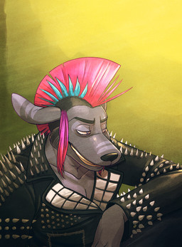 abstract_background black_nose clothing jacket leather leather_clothing leather_jacket leather_topwear male mohawk simple_background smile solo spikes studs topwear redvelvetbat kangaroo macropod mammal marsupial