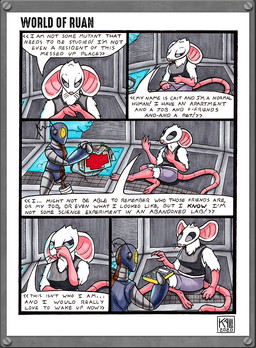 antennae_(anatomy) anthro black_eyes blue_body bodily_fluids bottomwear claws clothed clothing crying dialogue duo female fur glowing glowing_eyes grey_body grey_clothing machine multicolored_body multicolored_ears multicolored_fur paws pink_body pink_ears pink_fur pink_tail purple_clothing speech_bubble tail tears text topwear two_tone_body two_tone_ears two_tone_fur white_body white_ears white_fur yellow_eyes impishhyena world_of_ruan cait_(world_of_ruan) roxy_(world_of_ruan) mammal mouse murid murine robot rodent 2019 comic english_text hi_res signature female_(lore)