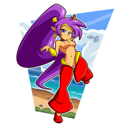 armlet blue_eyes breasts clothed clothing cloud day ear_piercing ear_ring female footwear genitals hair headgear headwear humanoid_pointy_ears long_hair looking_at_viewer medium_breasts navel nipples not_furry piercing pink_nipples pointy_ears ponytail pose pubes purple_hair ring_piercing shoes smile solo tan_body tan_skin topless vulva water rotzedust shantae_(series) wayforward shantae genie humanoid 1:1 2023 absurd_res digital_media_(artwork) hi_res signature