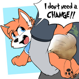 anthro blue_clothing blue_shirt blue_topwear clothed clothing diaper feces lifted looking_back male partially_clothed pawpads pooping poopy_diaper shirt soiled_diaper soiling solo speech_bubble stink_fumes stink_lines topwear unclean_diaper used_diaper wearing_diaper young young_anthro young_male baltnwolf scott_james(scoty_doodlerz) canid canine fox mammal 1:1 absurd_res hi_res
