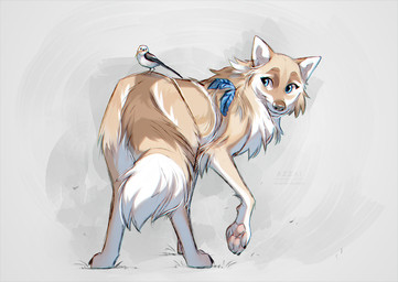 ambiguous_gender black_claws blue_eyes brown_nose claws duo eyelashes feathers female feral fur larger_female looking_at_another looking_back pawpads pink_pawpads simple_background size_difference smaller_ambiguous smaller_feral smile standing tail tan_body tan_fur white_body white_fur azzai avian bird canid canine canis mammal wolf 2023 colored colored_sketch digital_drawing_(artwork) digital_media_(artwork) shaded sketch