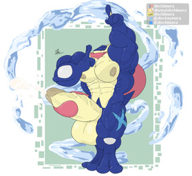 abs anthro balls big_balls big_muscles big_pecs big_penis bodily_fluids cum elemental_manipulation erection genital_fluids genitals huge_balls huge_penis hyper hyper_balls hyper_genitalia hyper_penis looking_at_viewer male muscular muscular_arms muscular_legs muscular_male muscular_thighs navel ninja ninjutsu nipples pecs penis pose smile solo thick_thighs warrior water conditional_dnp dischimera nintendo pokemon amphibian frog generation_6_pokemon greninja pokemon_(species)