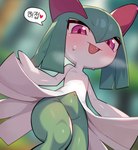 absurd_res clothing drunk_oak flat_chested generation_3_pokemon green_body green_hair hair heart_symbol hi_res kirlia mammal nintendo not_furry pokemon pokemon_(species) red_eyes simple_background solo text translation_request white_body