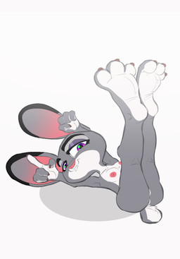 3_toes 4_fingers anthro areola barefoot barely_visible_genitalia biped bite biting_lip biting_own_lip black_ear_tips black_eyebrows breasts brown_claws buckteeth butt claws countershade_face countershade_feet countershade_hands countershade_neck countershading dipstick_ears ear_markings eye_markings eyebrows feet female female_anthro finger_claws fingers foot_focus fur genitals gesture glistening glistening_eyelids glistening_eyes grey_body grey_fur half-closed_eyes hand_gesture legs_in_air legs_together legs_up long_ears lying markings medium_breasts multicolored_body multicolored_ears multicolored_fur narrowed_eyes nipples nude nude_anthro nude_female on_back pink_areola pink_inner_ear pink_nipples pink_nose plantigrade pose purple_eyelids purple_eyes self_bite simple_background smile soles solo tail teeth toe_claws toes two_tone_body two_tone_fur white_background white_body white_countershading white_fur white_sclera auga disney zootopia judy_hopps lagomorph leporid mammal rabbit 2026 absurd_res hi_res