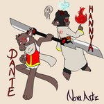 duo holding_object holding_weapon text weapon novaarts cult_of_the_lamb massive_monster_(studio) dante_(novaarts) fan_character hannya_(novaarts) bovid caprine domestic_cat felid feline felis hybrid mammal sheep 1:1 english_text