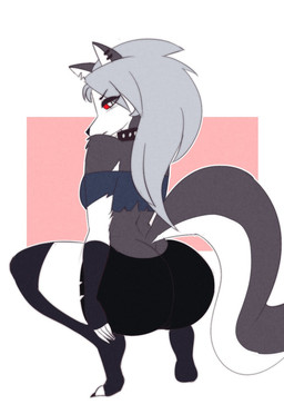 anthro big_butt black_bottomwear black_clothing black_shorts blue_clothing blue_topwear bottomwear butt butt_cleavage clothing collar crop_top crouching ear_piercing female fur grey_hair hair legwear long_hair midriff piercing pink_background pupils purple_clothing purple_legwear purple_thigh_highs rear_view red_sclera shirt shorts shoulderless_shirt simple_background slit_pupils solo studded_collar studs thick_thighs thigh_highs topwear white_background white_body white_eyes white_fur wide_hips y_shaped_butt_crack simoncross hellaverse helluva_boss mythology loona_(helluva_boss) canid canid_demon canine demon hellhound mammal mythological_canine mythological_creature hi_res