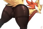 2021 anthro balls barely_visible_balls barely_visible_genitalia bent_over big_butt bulge butt butt_focus canid canine clothed clothing crossdressing delphox femboy generation_6_pokemon genitals hi_res kittellox_(artist) legwear lingerie looking_back male mammal nintendo panties pantyhose pokemon pokemon_(species) presenting presenting_hindquarters simple_background smile solo thick_thighs topless underwear white_background wide_hips
