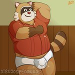 anthro belly brown_body bulge clothing male open_mouth overweight overweight_male red_nose shirt smile solo topwear underwear clumsydrawing robot_dreams rascal_(robot_dreams) mammal procyonid raccoon 1:1 2024 hi_res