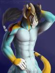 abs anthro athletic biceps claws fangs flexing fur hair looking_at_viewer male markings muscular muscular_anthro nude pecs pose red_eyes smile solo tail tail_tuft teeth tuft coyrin mythology axial dragon felkin furred_dragon furred_scalie mythological_creature mythological_scalie scalie hi_res