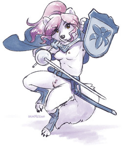 4_toes 5_fingers anthro areola breasts brown_eyes cape claws clothing digitigrade eyebrows eyelashes feet female fingers footwear genitals hair melee_weapon mostly_nude nipples pink_hair rapier shield sword toeless_footwear toes vulva weapon gavbat arctic_fox canid canine fox mammal true_fox 2020