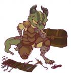 belt claws clothing female green_body green_scales horn lockpick scales shoulder_pads simple_background solo yellow_eyes pavonisgiron kobold scalie hi_res