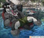 anthro beverage bottomwear clothing float fluffy horn male patreon_logo pose shorts solo spreading swimming_pool text tongue tongue_out conditional_dnp danza mythology nintendo patreon pokemon rel_(relightcharge) equid equine generation_8_pokemon mammal mythological_creature mythological_equine obstagoon pokemon_(species) unicorn english_text pinup url