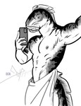 anthro cellphone electronics holding_object male muscular muscular_male nipples phone selfie simple_background smartphone solo tail towel towel_only white_background bgn cyclostomata fish jawless_fish lamprey marine hi_res