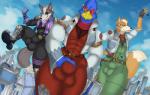 anthro arwing bulge city clothed clothing corneria destruction group macro male stomping mkvero nintendo star_fox falco_lombardi fox_mccloud wolf_o'donnell avian bird canid canine canis fox mammal wolf hi_res