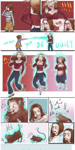 annoyed bottomwear brown_body brown_fur choker clothing crop_top denim denim_bottomwear denim_clothing dialogue duo eyes_closed female feral fur human_to_feral jeans jewelry laugh looking_down midriff navel necklace nude pants shirt shocked shrinking size_transformation skirt species_transformation surprised text topwear transformation whiskers moonsting human mammal mouse murid murine rodent 2019 comic english_text hi_res