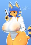 4_fingers anthro areola big_breasts blue_eyes blue_hair breasts brown_areola clothed clothing cosplay female fingers fur gun hair holding_object holding_weapon huge_breasts looking_at_viewer nipple_outline nipples ranged_weapon simple_background solo tail thick_thighs weapon wet wet_clothing wide_hips yellow_body yellow_fur i3i2455_ivi394 animal_crossing haydee_(game) nintendo ankha_(animal_crossing) domestic_cat felid feline felis mammal 2024 absurd_res hi_res