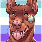 anthro brown_body brown_fur fur lgbt_pride lips male pink_nose pride_colors rainbow_pride_colors smile solo tongue tongue_out vincian_pride_colors yellow_eyes afoxywitch canid canine canis dobermann domestic_dog mammal pinscher 2024 absurd_res bust_portrait hi_res portrait