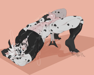 abs animal_genitalia animal_penis anthro balls bedroom_eyes biceps big_balls blue_eyes canine_genitalia canine_penis claws clothing crop_top crotch_tuft cuff_(restraint) facial_piercing finger_in_sheath fur genitals glistening glistening_clothing grin hair lip_piercing looking_at_viewer male motion_lines muscular muscular_male nails narrowed_eyes navel navel_piercing nose_piercing nose_ring pawpads penis penis_tip piercing quads restraints ring_piercing seductive sheath sheath_play sheath_pull shirt simple_background smile smirk smug solo spots tail tail_motion tailwag teeth toe_claws tongue tongue_out topwear tuft white_body white_fur white_hair wrist_cuffs yoga crazybear lou_(jake_aries) canid canine canis dalmatian domestic_dog mammal 2026 absurd_res hi_res